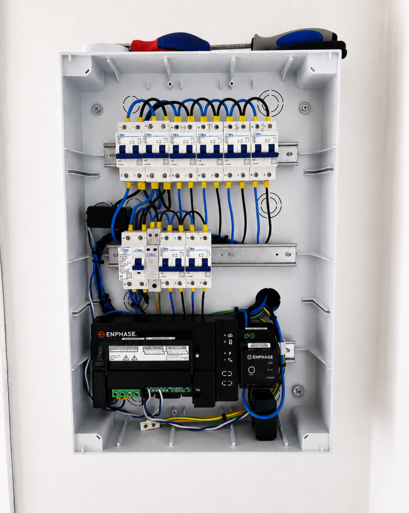 Cuadro de protección Enphase instalado por Insoltec Balear en Mallorca con protecciones Solera para una instalación fotovoltaica de autoconsumo.
