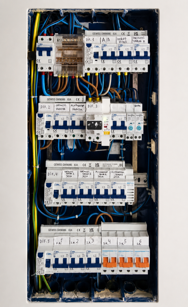 Cuadro eléctrico profesional instalado por Insoltec Balear en una vivienda en Mallorca con protección diferencial y magnetotérmicos.